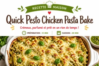 Delicious Pesto Chicken Pasta Bake served in a colorful dish