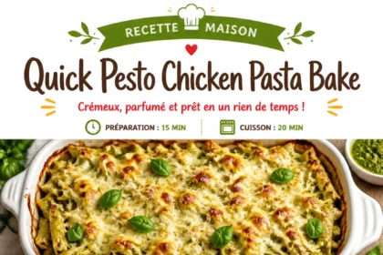 Delicious Pesto Chicken Pasta Bake served in a colorful dish
