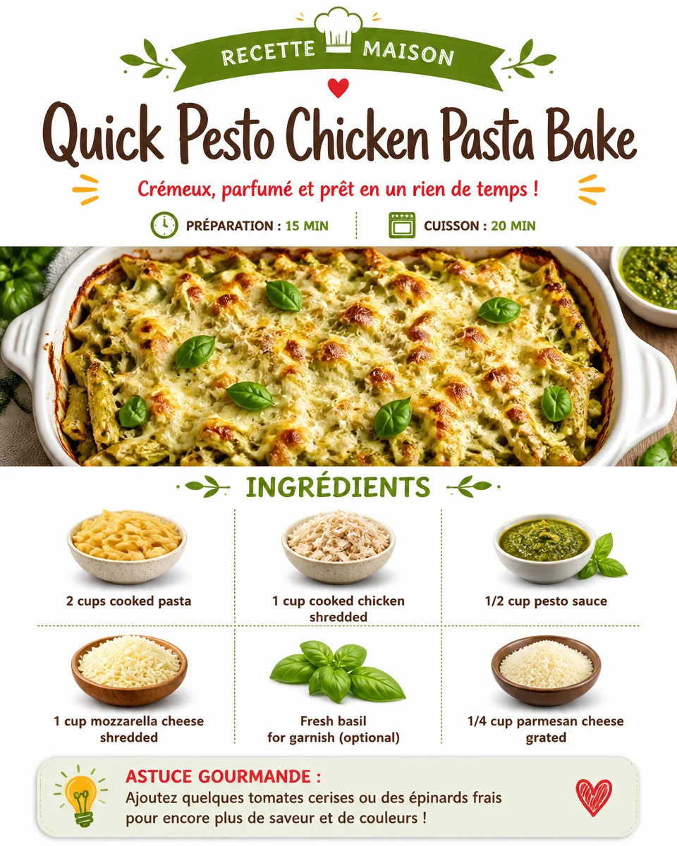 Delicious Pesto Chicken Pasta Bake served in a colorful dish