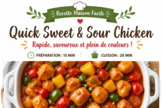 Delicious quick sweet and sour chicken served with colorful vegetables.