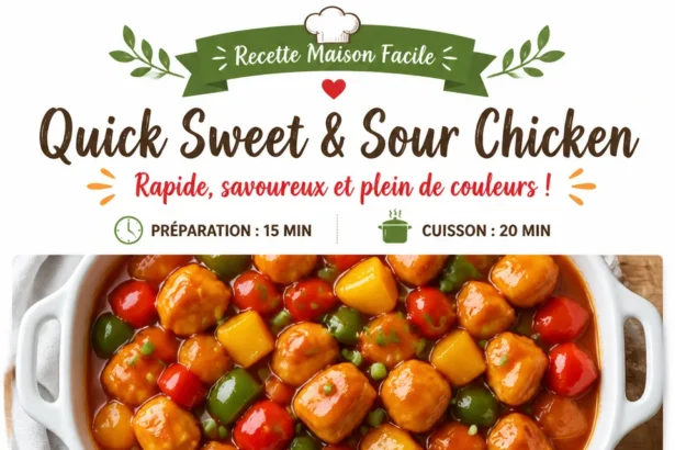 Delicious quick sweet and sour chicken served with colorful vegetables.