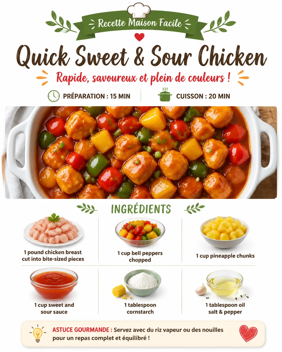 Delicious quick sweet and sour chicken served with colorful vegetables.