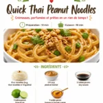 Bowl of Quick Thai Peanut Noodles topped with fresh vegetables and peanuts.