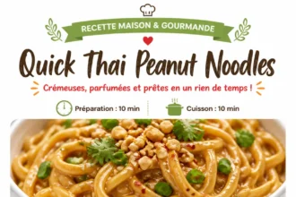 Bowl of Quick Thai Peanut Noodles topped with fresh vegetables and peanuts.