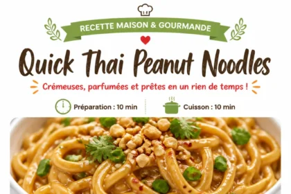 Bowl of Quick Thai Peanut Noodles topped with fresh vegetables and peanuts.