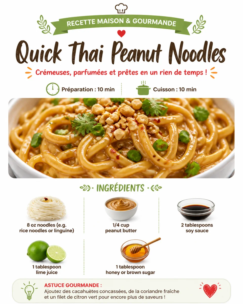 Bowl of Quick Thai Peanut Noodles topped with fresh vegetables and peanuts.