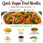 Plate of quick veggie fried noodles with colorful vegetables and soy sauce.