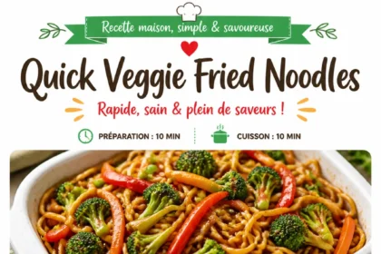 Plate of quick veggie fried noodles with colorful vegetables and soy sauce.