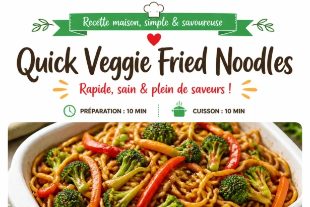 Plate of quick veggie fried noodles with colorful vegetables and soy sauce.