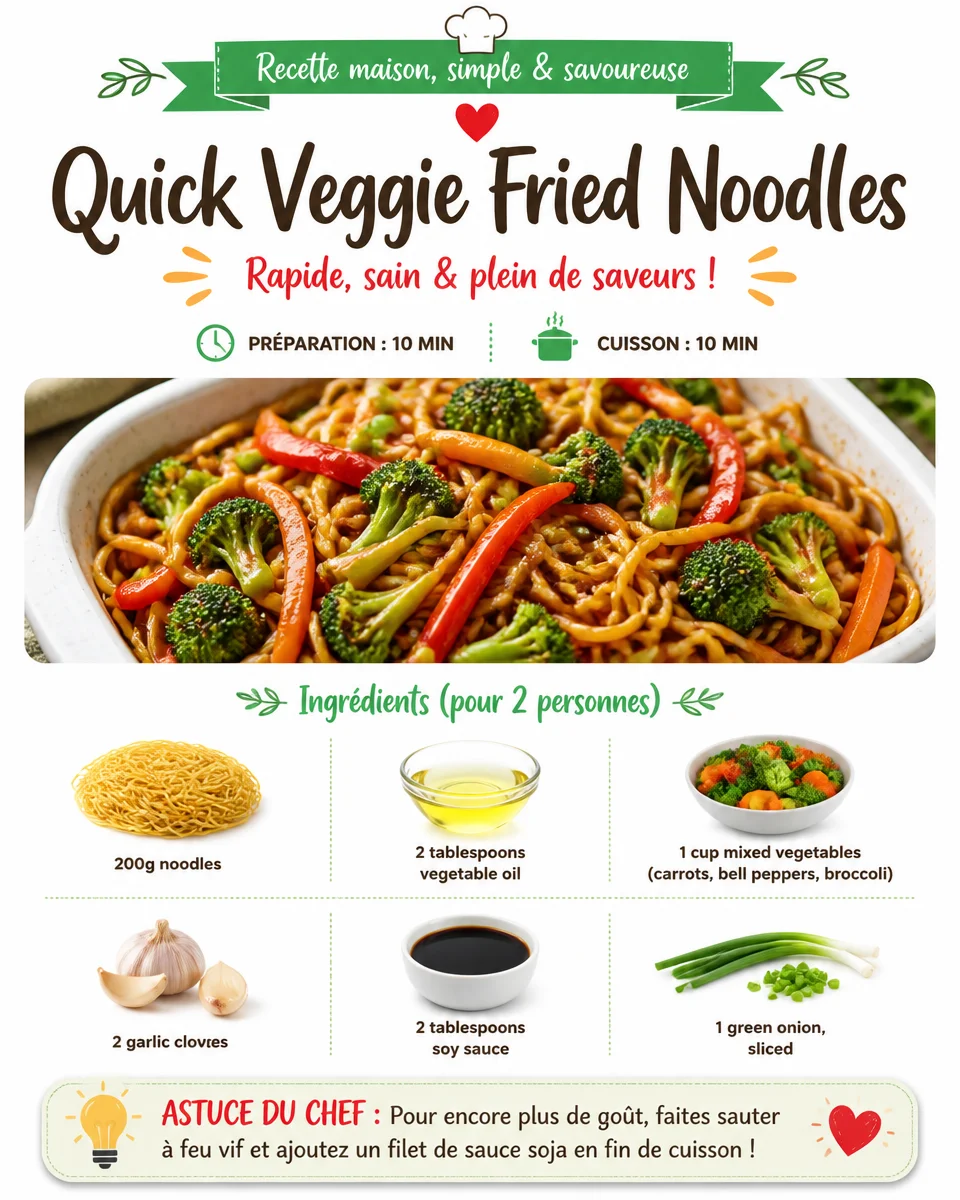 Plate of quick veggie fried noodles with colorful vegetables and soy sauce.