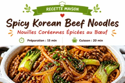 Delicious spicy Korean beef noodles garnished with fresh vegetables and herbs