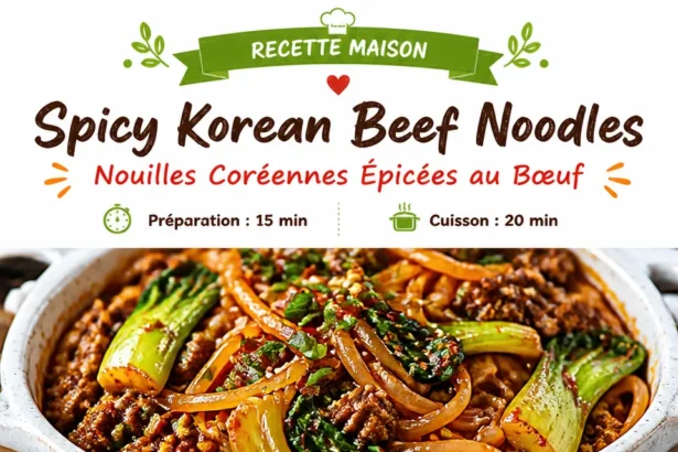 Delicious spicy Korean beef noodles garnished with fresh vegetables and herbs