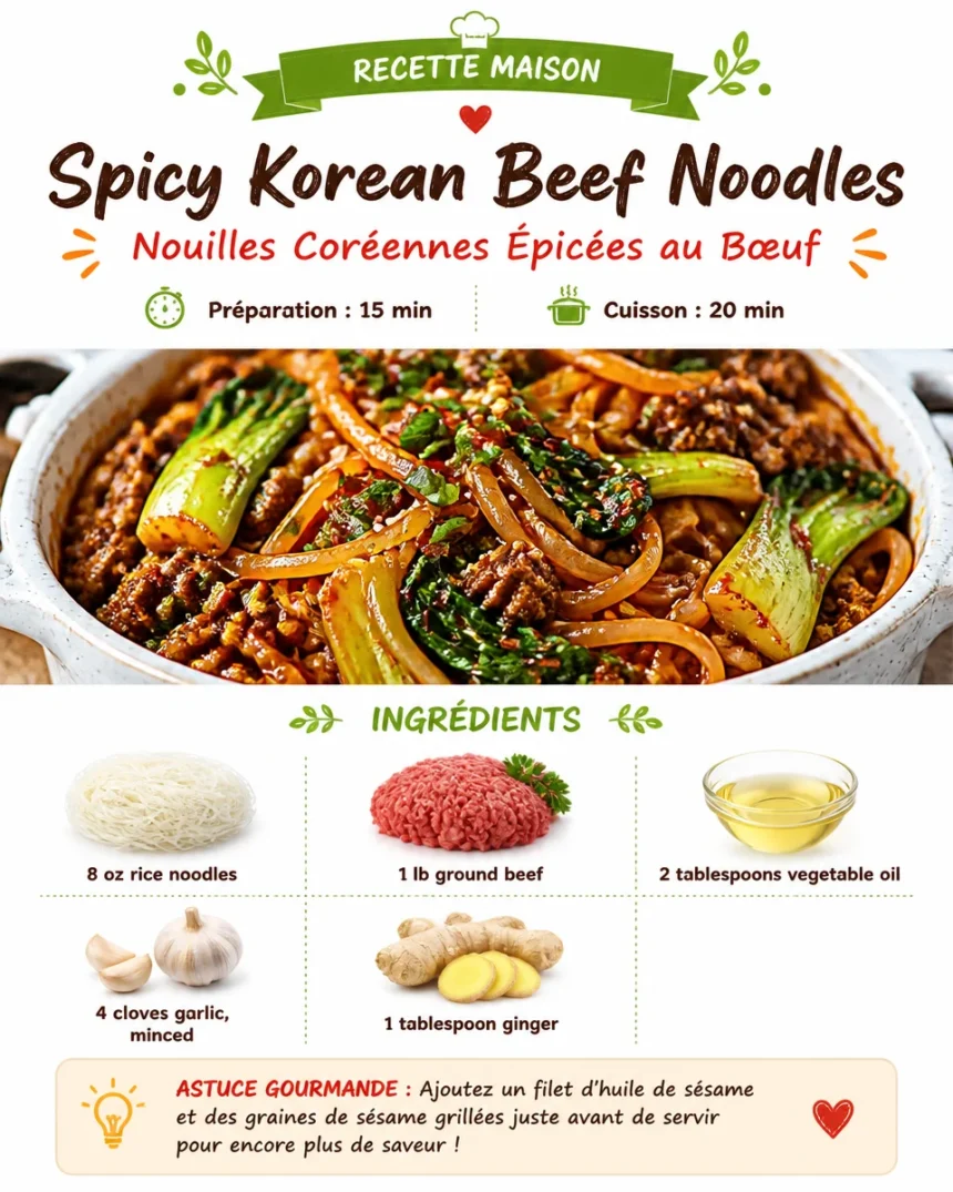 Delicious spicy Korean beef noodles garnished with fresh vegetables and herbs